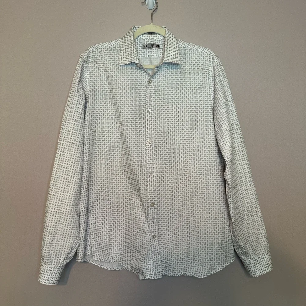 Express Large Mens 16-16 1/2 Fitted White Button Down Long Sleeve Shirt - Picture 1 of 12